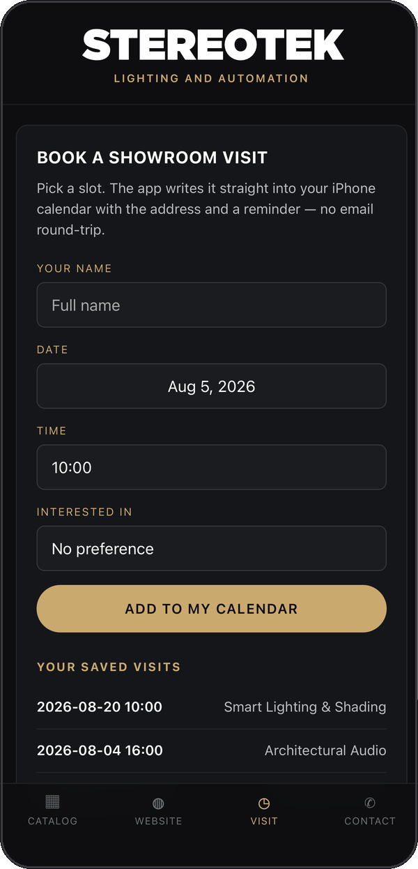 Booking a showroom visit in the Stereotek iOS app