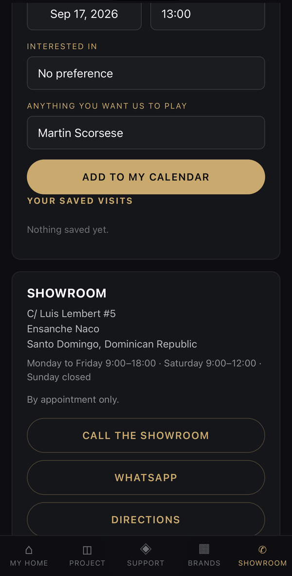 Booking a showroom visit in the Stereotek iOS app, with the 1:00 PM slot selected